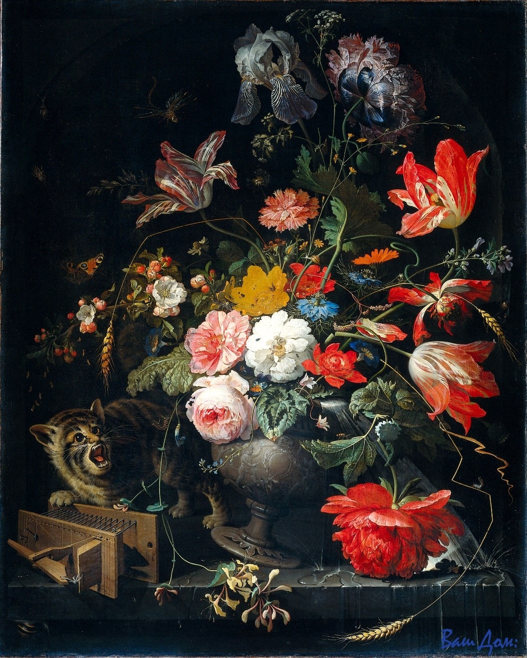 тюльпаны в живописи Bouquet with cat and mousetrap